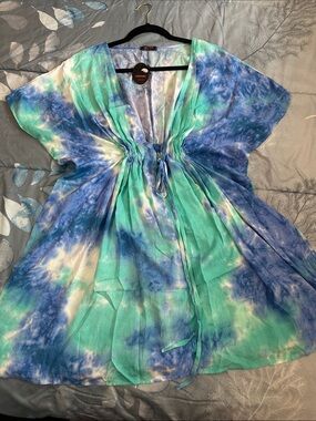 NWTS Adome Tie-Dye Blue & Green Women's Swim Coverup Sz S BEACHY